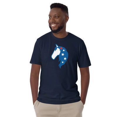 Black man wearing navy blue t-shirt with a red, white, blue unicorn head