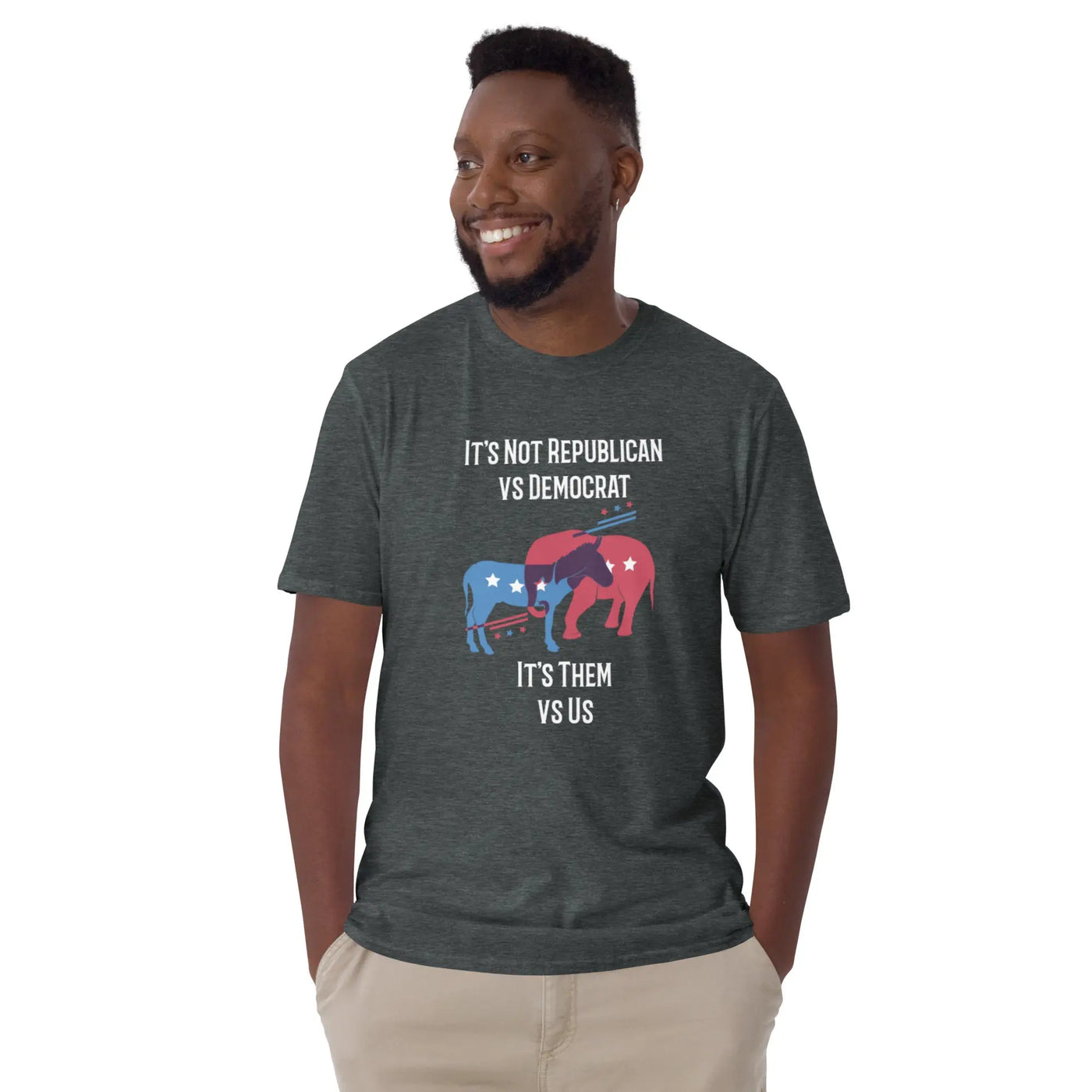 Black man wearing dark heather grey they vs us political t-shirt featuring graphics of both democrat and republican parties.